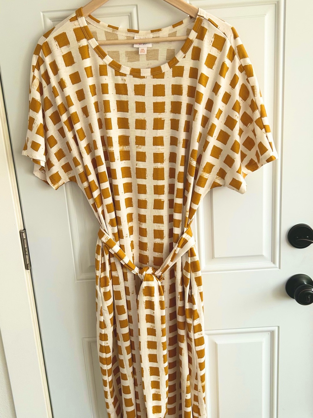 LuLaRoe Butterscotch & White Checked Marley Midi Dress Pockets TieBelt Size 3XL